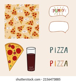 Collection of pizza hand drawn seamless vector pattern, text, pizza slice, glass with beverage, text box