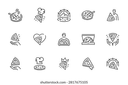 Collection of pizza icons representing various aspects of pizza making and enjoyment
