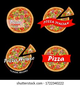 Collection of pizza logo, badges  for fast food restaurant.  Pizza advertisement. Italian pizza