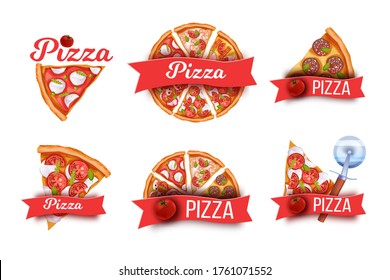 Collection of pizza logos in realistic style isolated on white. Italian food label set with mozzarella, pepperoni slices, tomatoes, ribbon, cutter. Fast food icons with place for company’s name