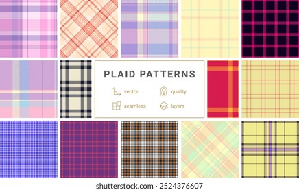 A collection of plaid patterns with colorful checks, ideal for textile, fabric, clothing, or celtic-inspired backgrounds.