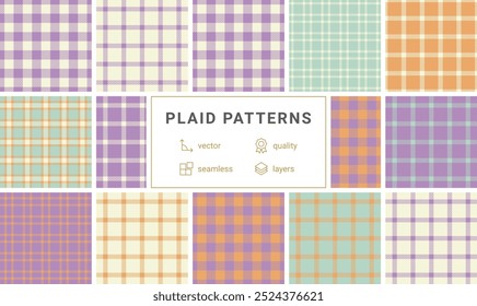 A collection of plaid patterns with colorful checks, ideal for textile, fabric, clothing, or celtic-inspired backgrounds.