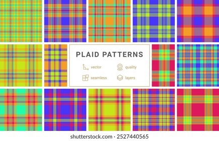 A collection of plaid patterns with colorful checks, ideal for textile, fabric, clothing, or celtic-inspired backgrounds.