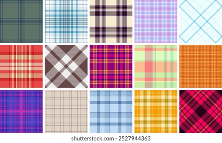 A collection of plaid patterns with colorful checks, ideal for textile, fabric, clothing, or celtic-inspired backgrounds.