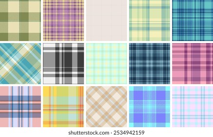 A collection of plaid patterns with colorful checks, ideal for textile, fabric, clothing, or celtic-inspired backgrounds.