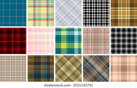 A collection of plaid patterns with colorful checks, ideal for textile, fabric, clothing, or celtic-inspired backgrounds.