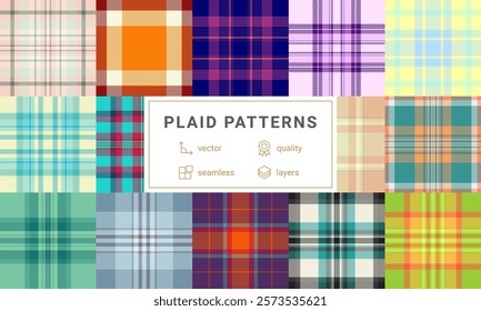 A collection of plaid patterns with colorful checks, ideal for textile, fabric, clothing, or celtic-inspired backgrounds.