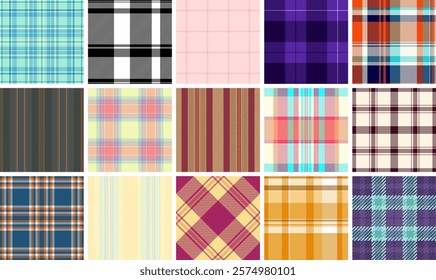 A collection of plaid patterns with colorful checks, ideal for textile, fabric, clothing, or celtic-inspired backgrounds.