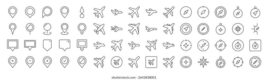Collection of Plane, Map Pin, Compass Related Line Icons. Outline Signs for Graphic and Web Design, Apps, Adverts, Various Cards