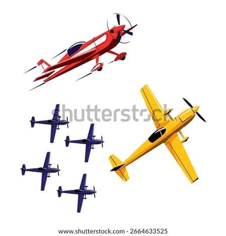 A collection of planes: a red aerobatic plane, a yellow propeller plane, and a formation of four blue planes. Dynamic vector illustration for aviation themes.