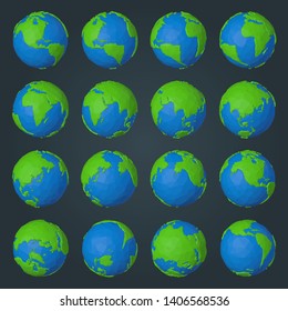 Collection of planet Earth 3d icons in modern low poly geometric style with blue water and green land polygons