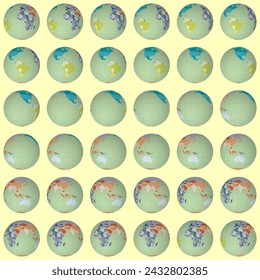 Collection of planet globes. Normal sphere view. Rotation step 10 degrees. Colored countries style. World map with sparse graticule lines on luminous background. Classic vector illustration.