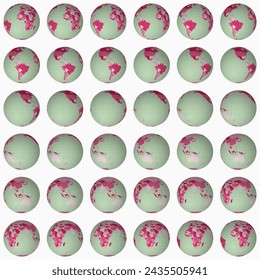 Collection of planet globes. Normal sphere view. Rotation step 10 degrees. Colored countries style. World map with sparse graticule lines on lightness background. Marvelous vector illustration.