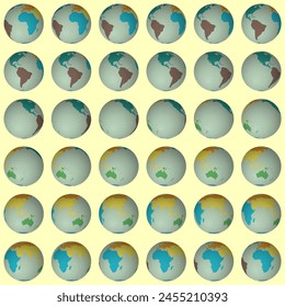 Collection of planet globes. Normal sphere view. Rotation step 10 degrees. Colored continents style. World map with dense graticule lines on warm background. Brilliant vector illustration.