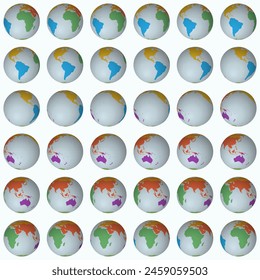 Kollektion der Planetengloben. Normale Kugelansicht. Drehschritt 10 Grad. Bunte Kontinente Stil. Weltkarte mit Rasterlinien auf Helligkeitshintergrund. Atemberaubende Vektorillustration.