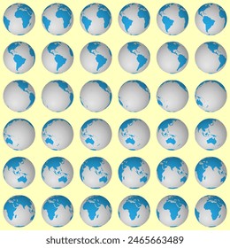Kollektion der Planetengloben. Normale Kugelansicht. Drehschritt 10 Grad. Volltonfarbenstil Weltkarte mit dichten Fadenkreuz-Linien auf goldenem Hintergrund. Zarte Vektorillustration.