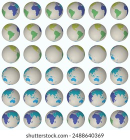 Collection of planet globes. Normal sphere view. Rotation step 10 degrees. Colored continents style. World map with graticule lines on pale background. Brilliant vector illustration.