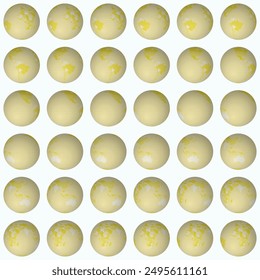 Colección de globos planetarios. Vista de esfera normal. Paso de rotación 10 grados. Estilo de países coloreados. Mapa del mundo con líneas de gránulos densos sobre fondo pálido. Una Ilustración vectorial encantadora.