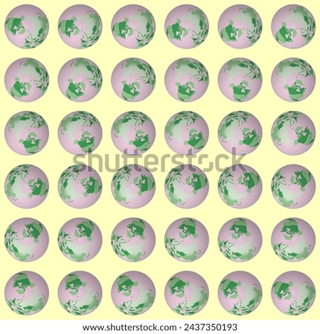 Collection of planet globes. North pole sphere view. Rotation step 10 degrees. Colored countries style. World map with graticule lines on illuminated background. Terrific vector illustration.