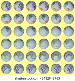 Colección de globos planetarios Vista de esfera inclinada. Paso de rotación 10 grados. Estilo de países coloreados. Mapa del mundo con líneas dispersas de la grácula en fondo cálido. Encantadora ilustración vectorial.