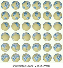 Colección de globos planetarios. Vista de esfera inclinada. Paso de rotación 10 grados. Estilo de países coloreados. Mapa del mundo con líneas gráciles sobre fondo claro. Ilustración vectorial delicada.
