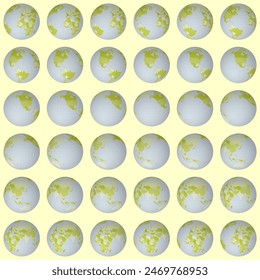 Collection of planet globes. Slanted sphere view. Rotation step 10 degrees. Colored countries style. World map with sparse graticule lines on warm background. Fascinating vector illustration.