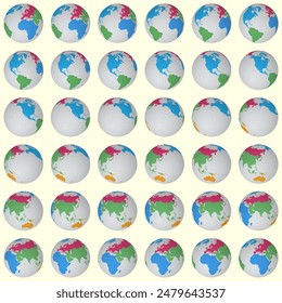 Collection of planet globes. Slanted sphere view. Rotation step 10 degrees. Colored continents style. World map with sparse graticule lines on bright background. Beauteous vector illustration.