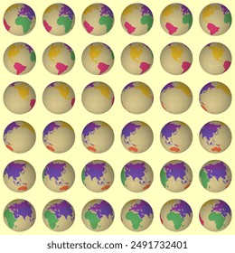 Collection of planet globes. Slanted sphere view. Rotation step 10 degrees. Colored continents style. World map with graticule lines on pale background. Cool vector illustration.