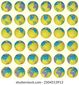 Collection of planet globes. Slanted sphere view. Rotation step 10 degrees. Colored continents style. World map with sparse graticule lines on pale background. Delicate vector illustration.