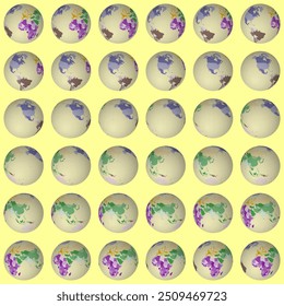 Collection of planet globes. Slanted sphere view. Rotation step 10 degrees. Colored countries style. World map with sparse graticule lines on luminous background. Admirable vector illustration.