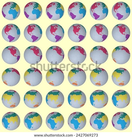 Collection of planet globes. Slanted sphere view. Rotation step 10 degrees. Colored continents style. World map with graticule lines on luminosity background. Terrific vector illustration.