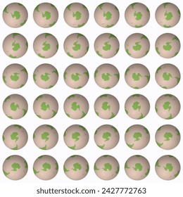 Collection of planet globes. South pole sphere view. Rotation step 10 degrees. Solid color style. World map with dense graticule lines on pastel background. Emotional vector illustration.