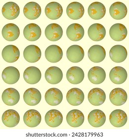 Colección de globos planetarios Vista de esfera inclinada. Paso de rotación 10 grados. Estilo de países coloreados. Mapa del mundo con líneas gráciles sobre fondo cálido. Ilustración vectorial excepcional.