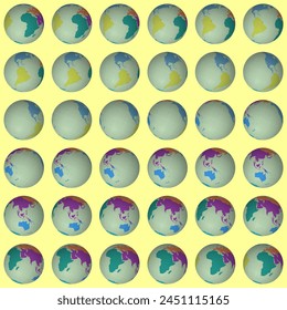 Collection of planet globes. Tilted sphere view. Rotation step 10 degrees. Colored continents style. World map with graticule lines on luminous background. Brilliant vector illustration.