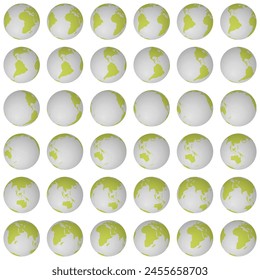 Collection of planet globes. Tilted sphere view. Rotation step 10 degrees. Solid color style. World map with graticule lines on bright background. Awesome vector illustration.