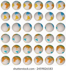 Collection of planet globes. Tilted sphere view. Rotation step 10 degrees. Colored continents style. World map with graticule lines on light background. Admirable vector illustration.