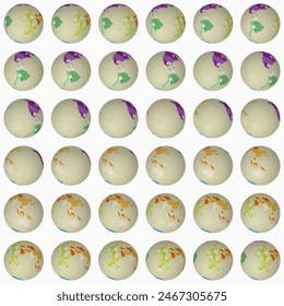 Collection of planet globes. Tilted sphere view. Rotation step 10 degrees. Colored countries style. World map with graticule lines on lightness background. Pleasing vector illustration.