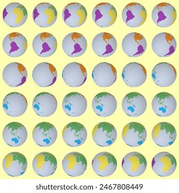 Collection of planet globes. Tilted sphere view. Rotation step 10 degrees. Colored continents style. World map with dense graticule lines on luminosity background. Delicate vector illustration.