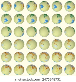 Collection of planet globes. Tilted sphere view. Rotation step 10 degrees. Colored countries style. World map with graticule lines on creamy background. Great vector illustration.