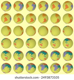 Collection of planet globes. Tilted sphere view. Rotation step 10 degrees. Colored continents style. World map with sparse graticule lines on warm background. Cute vector illustration.