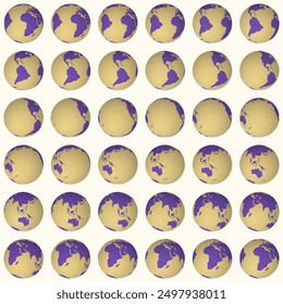 Collection of planet globes. Tilted sphere view. Rotation step 10 degrees. Solid color style. World map with dense graticule lines on creamy background. Great vector illustration.