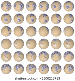 Collection of planet globes. Tilted sphere view. Rotation step 10 degrees. Colored countries style. World map with sparse graticule lines on luminosity background. Posh vector illustration.