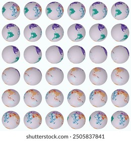 Collection of planet globes. Tilted sphere view. Rotation step 10 degrees. Colored countries style. World map with dense graticule lines on pale background. Posh vector illustration.