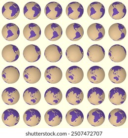 Sammlung von Planetengloben. Neigte Kugelansicht. Drehschritt 10 Grad. Farbiger Stil. Weltkarte mit dünnen, beglückenden Linien auf warmen Hintergrund. Kreative Vektorgrafik.