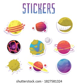 Collection of planet of solar system stickers from Mercury to Saturn, flat cartoon vector illustration isolated on white background. Cosmic space decorative elements.