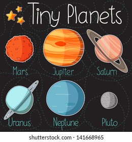 Collection of planet stickers form Mars to Pluto. Cartoon planet icons. Kid's elements for scrap-booking. Childish background. Hand drawn vector illustration.