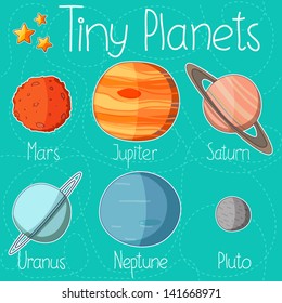 Collection of planet stickers form Mars to Pluto. Cartoon planet icons. Kid's elements for scrap-booking. Childish background. Hand drawn vector illustration.