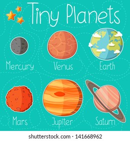 Collection of planet stickers form Mercury to Saturn. Cartoon planet icons. Kid's elements for scrap-booking. Childish background. Hand drawn vector illustration.