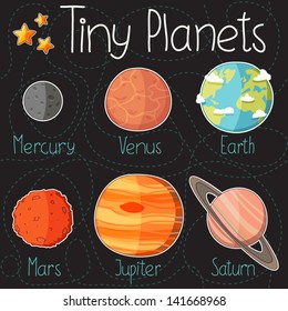 Collection of planet stickers form Mercury to Saturn. Cartoon planet icons. Kid's elements for scrap-booking. Childish background. Hand drawn vector illustration.