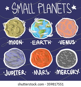 Collection of planet stickers form Moon to Mercury. Cartoon planet icons. Kid's elements for scrap-booking. Childish background. Hand drawn vector illustration.